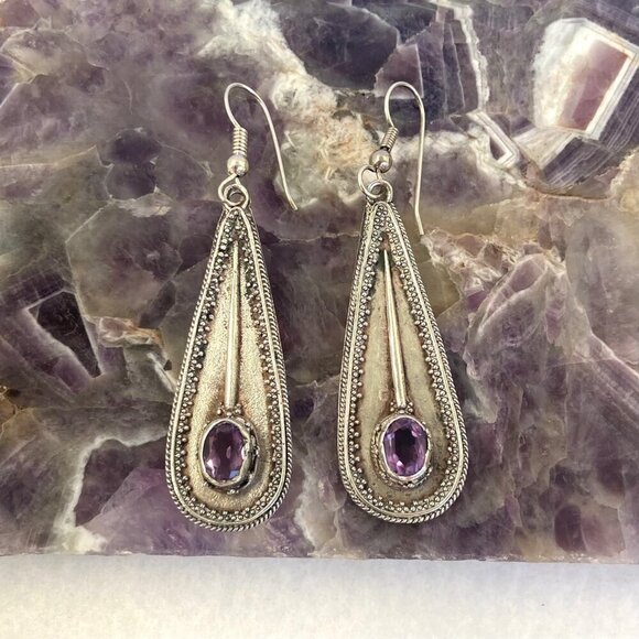 Sterling Silver 925 OKA Bali Oval Amethyst Teardrop Dangle Drop Earrings - Picture 6 of 16